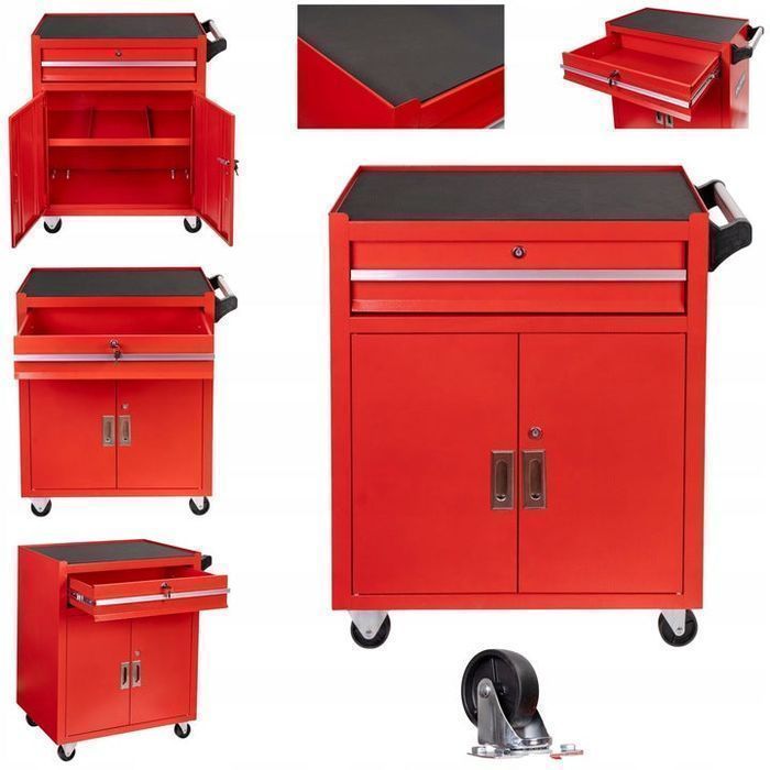 Dulap metalic neechipat pentru scule, rosu, roti si maner - premium, 7