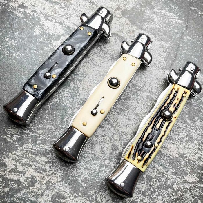 Автоматичен сгъваем нож тип Стилието с острие Крис или Гладко + калъф