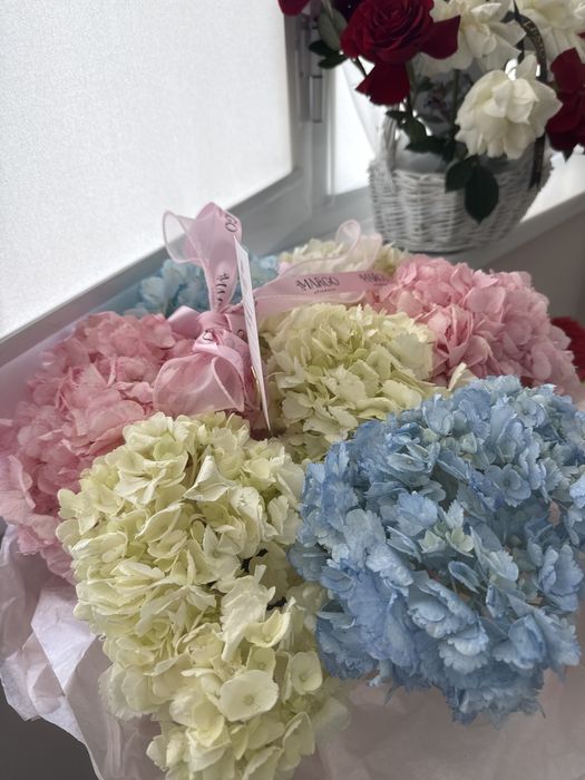 свежие цветы гортензии в корзине