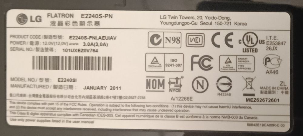 LED LG Flatron E2240S-PN, cu diagonală 55 cm