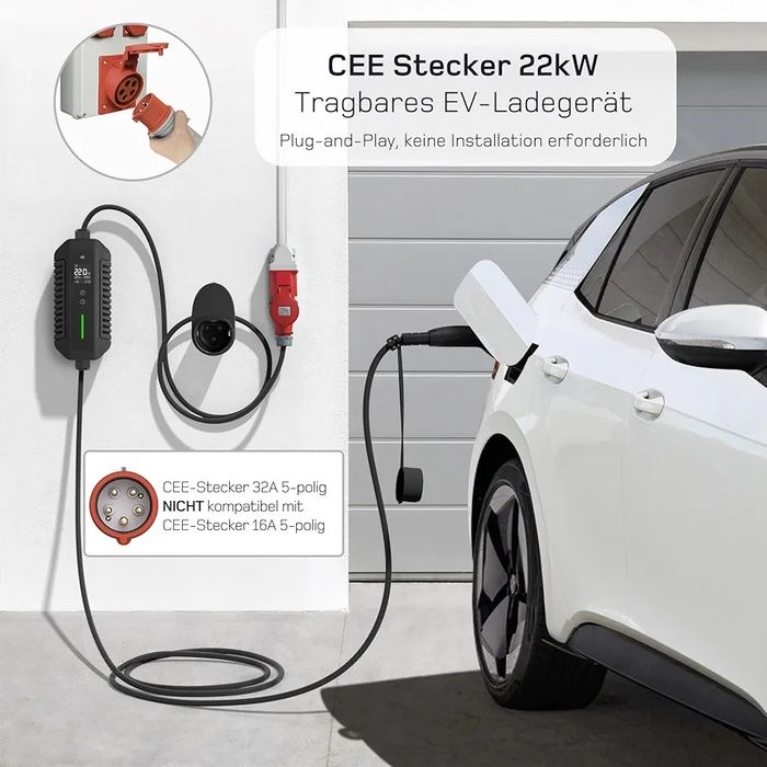 Мобилна зарядна станция dé Type 2, 22kW, CEE 32A + адаптер CEE 16A, 7м