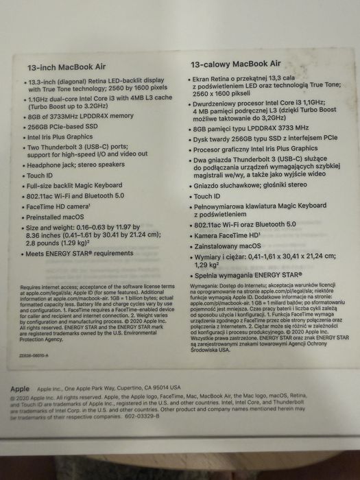 Macbook Air 13’ 2020 i3 Retina A2179
