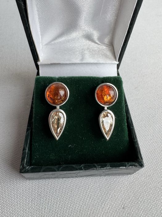 Cercei din argint, chihlimbar si zircon