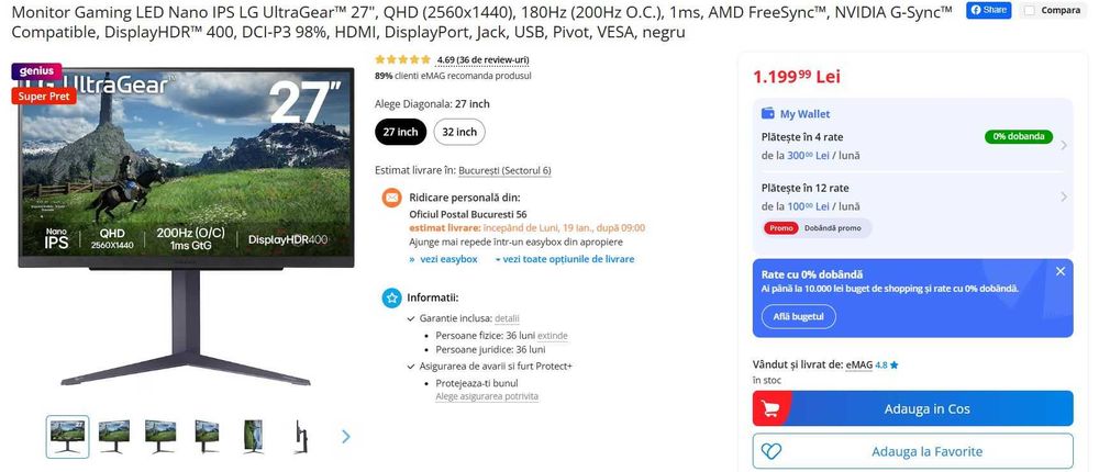 Monitor Gaming LED Nano IPS LG UltraGear™ 27" QHD 200Hz