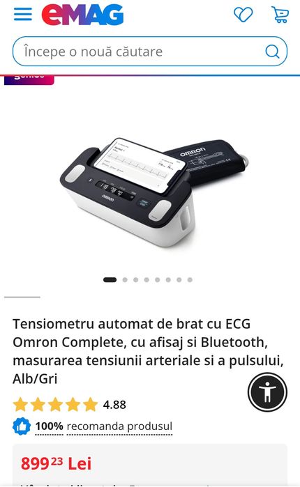 Tensiometru automat de brat cu ECG Omron Complete, cu afisaj si Bluetooth, masurarea tensiunii arteriale si a pulsului, Alb/Gri, produs NOU, intact