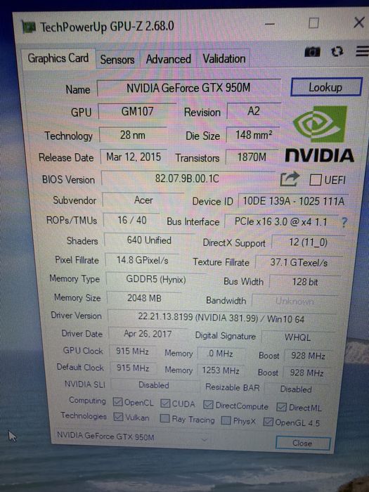 Laptop Acer i7 6gen 16g 256g m2 640g RTX950 17 FHD