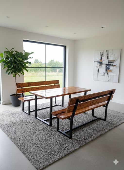 Set masă și bănci de terasă – lucrat manual, lemn ars și cadru metalic