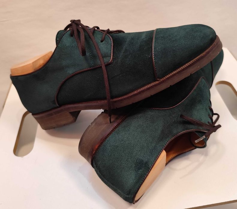 Pantofi derby 41 41.5 lucrati manual Gratiano Predin piele naturala verde