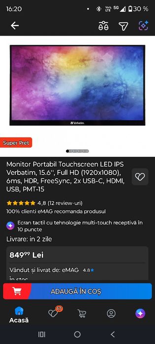 Monitor Portabil Touchscreen Verbatim PMT-15, 15.6" Full HD, IPS, HDR (Ca Nou