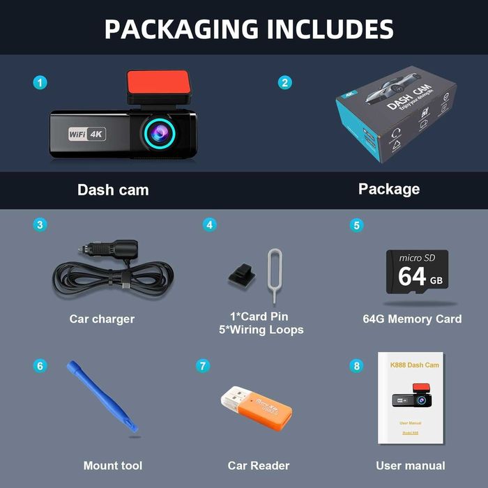 Камера за автомобил отпред и отзад, 4K + 1080P, карта 64GB, 5GHz WiFi