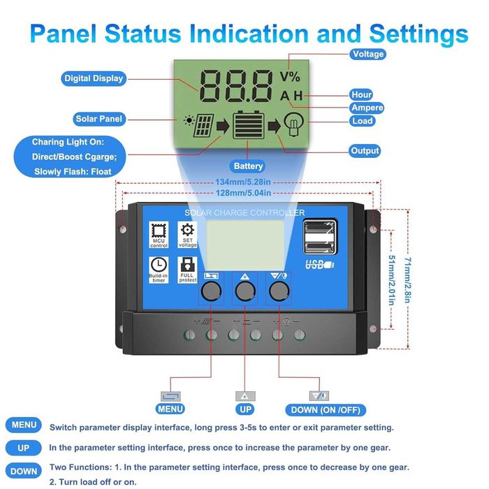 Соларен заряден контролер 20A PWM 12V/24V LCD