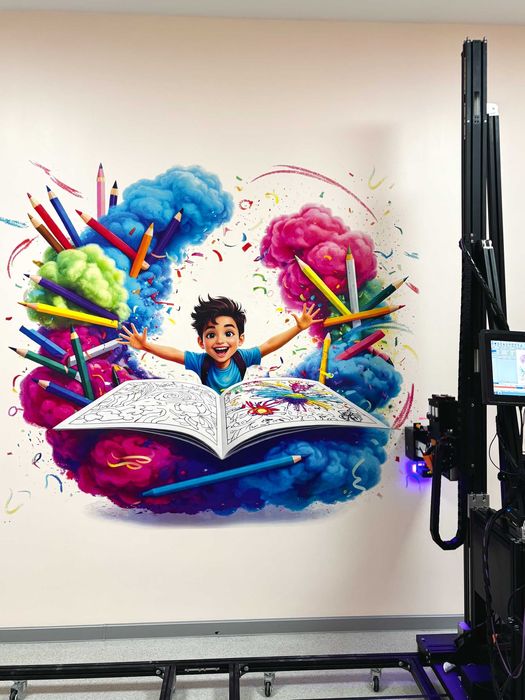 Печать на стенах, Настенный принтер + ручная художественная роспись