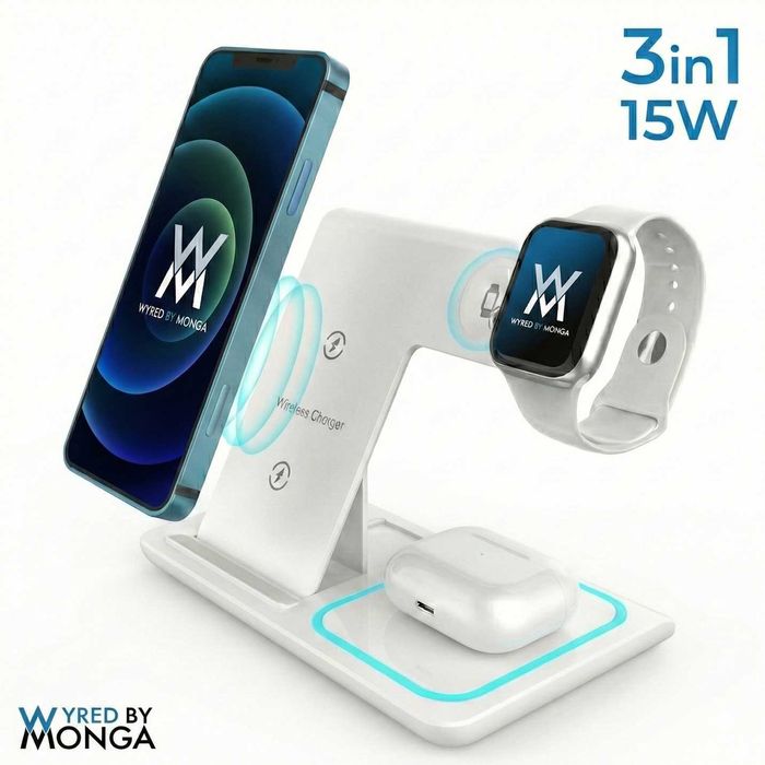 Statie Incarcare Wireless 3-in-1 Pliabila Wyred by Monga Qi 15W Alb