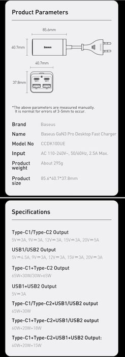 Baseus 100W GaN³ Pro 2U+2C Charger Desktop Laptop Fast Charger 4 in 1