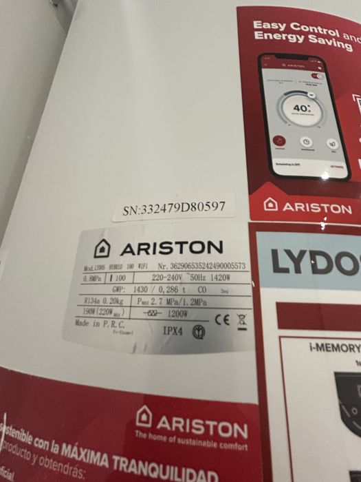 Boiler electric cu pompa de caldura ARISTON Lydos Hybrid, Wi-Fi, 100l