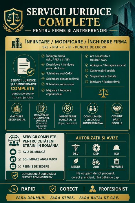 Înființare Firmă SRL PFA | Găzduire Sediu Social | Modificări Firmă | Închidere, Dizolvare și Radiere SRL | Servicii ONRC Complete