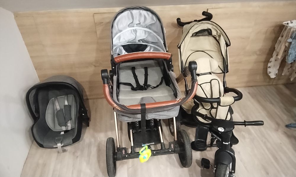Carut cu landou si scoica, tricicleta tip carut, landou de interior