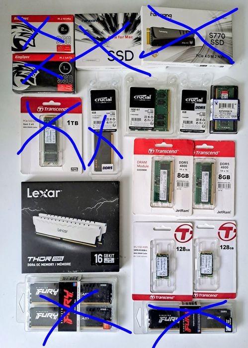 SSD M2 NVMe, DDR4, DDR5 Transcend, Kingspec, Lexar, Crucial, Kingston