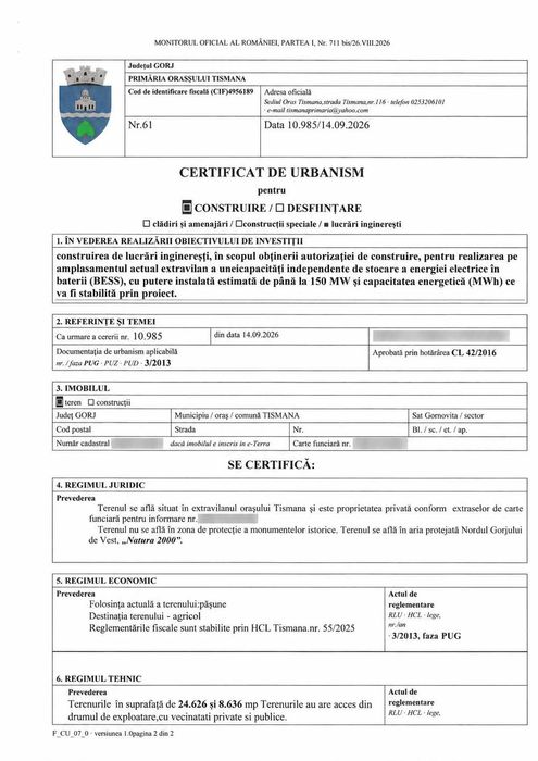 Teren 3,3 ha – ideal Fotovoltaic / BESS / Hibrid PV+BESS – Certificat Urbanism emis