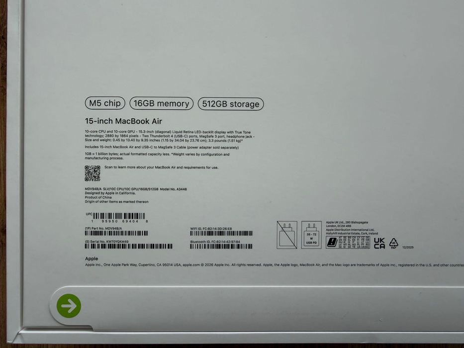 ЧИСТО НОВ MacBook Air 15" M5 Chip 10-CPU, 10-GPU, 16GB RAM, 512GB SSD