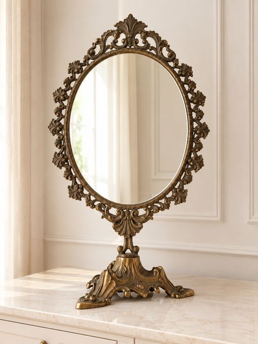 Eleganta oglinda de masa de dimensiuni mari din bronz masiv, in stilul francez Louis,piesa cu o lucrătură de o foarte mare finețe