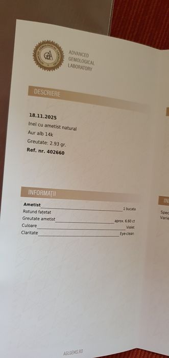 Vând inel aur alb 14k cu ametist natural