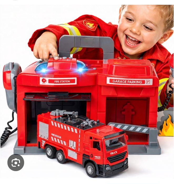 Пожарна станция със светлинни и звукови ефекти, комплект с пожарна кола и радиостанция,