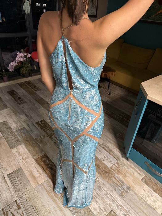 Elisabetta Franchi aqua sequin evening dress