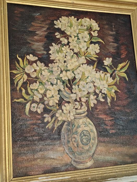 Tablou vechi de colecție – Natură statică cu flori de măr – Școală Austriacă / Atelier Vienez