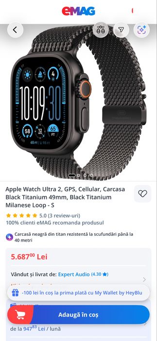 Apple Watch Ultra 2 Black Titanium 49 mm GPS + Cellular, Black Titanium Milanese Loop (S)
