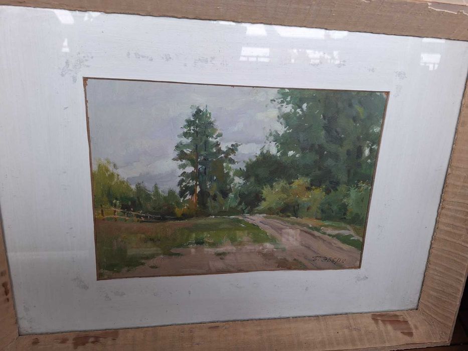 Оригинална маслена картина „Пейзаж с бор“ Б. Ебер, 1957 г., подписана