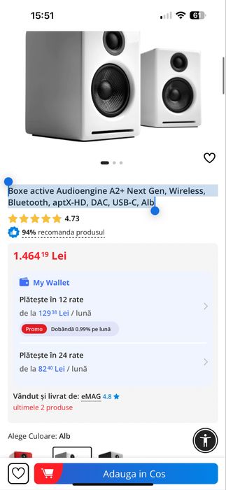 Boxe active Audioengine A2+ Wireless, Bluetooth, DAC, USB-C, Alb