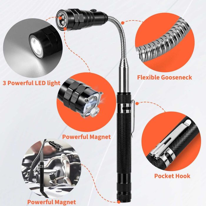 Телескопичен LED фенер с магнит, огъващ се на 360°, цвят черен