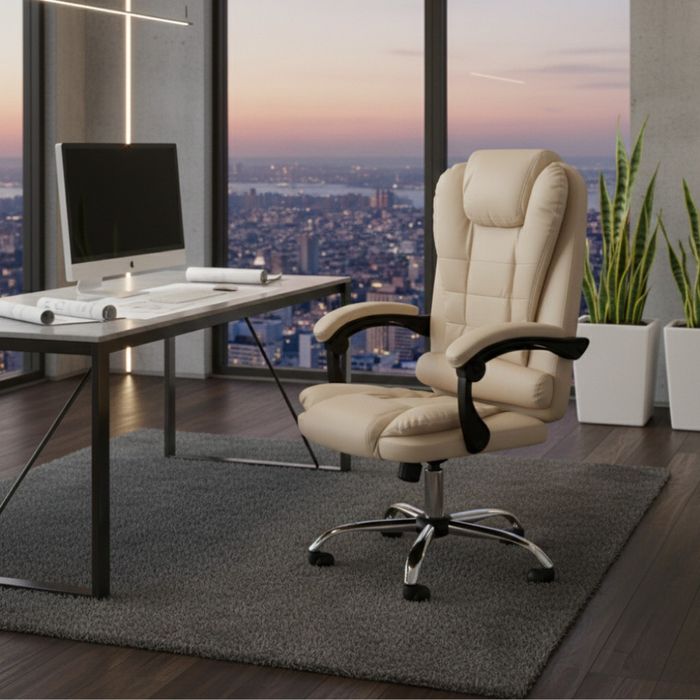 Ергономичен офис стол с лумбална опора от еко кожа в бежов цвят