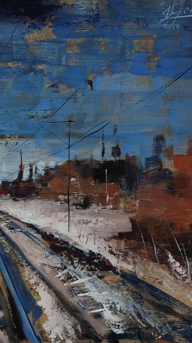 Tabloul peisaj cale ferată in ulei pe mucava 50x70 ,tehnica mixtă