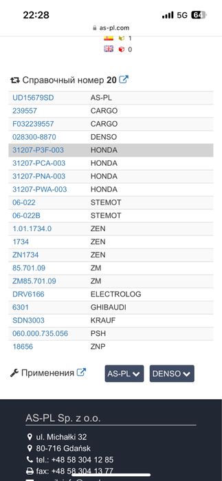 Бендикс стартера honda accord 2.4