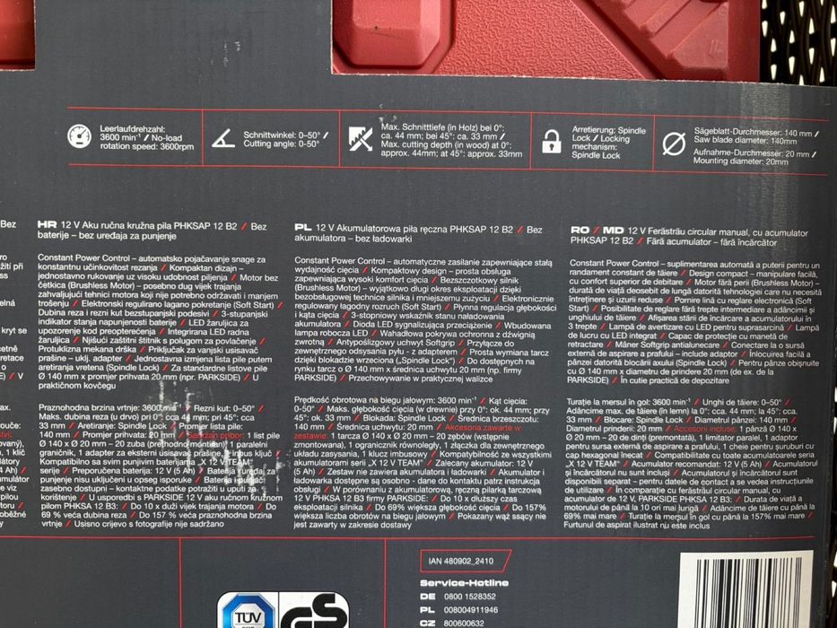 Fierăstrău circular Parkside Performance 12V PHKSAP 12 B2, 3600 rpm, disc 140 mm
