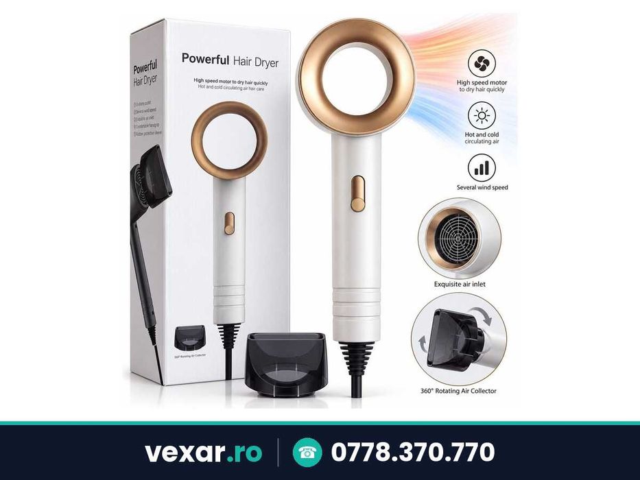 Uscator de par compact cu aer cald si rece, accesoriu rotativ 360°
