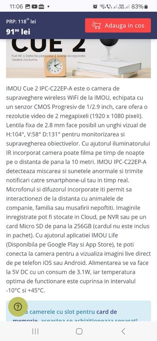 Camera supraveghere wireless WiFi IMOU Cue 2 IPC-C22EP-A, 2 MP, IR 10