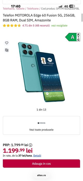 Motorola Edge 60 Fusion Turcoaz Amazonite 256 Gb / sigilat