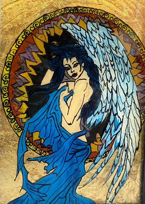 Pictura noua si moderna pe sticla -Sirena nr.2-, rama lemn