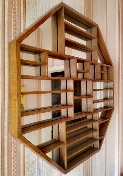 Антикварно дървено огледало осмоъгълна лавица дизайнерско голямо !