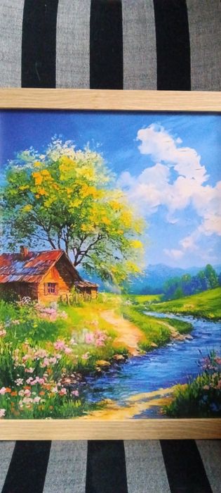 Хармония-пасторална сцена с къщичка, поток и диви цветя, идеална за до