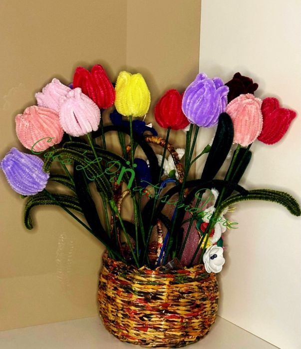 Colier piele handmade,Flori sârmă plușată