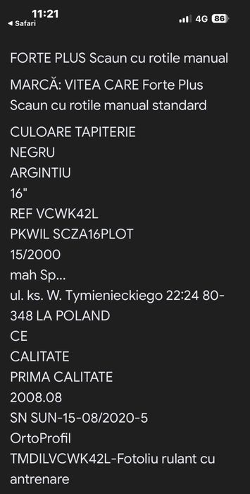 Scaun cu rotile manual pliabil FORTE PLUS