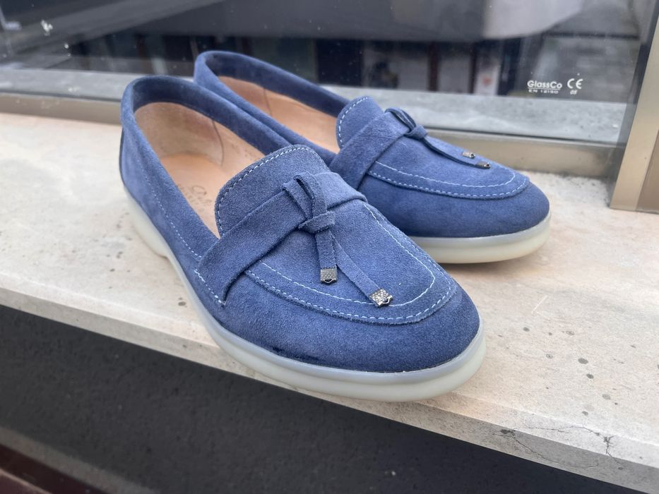 Дамски сини мокасини от естествен велур / Жіночі сині лофери замша