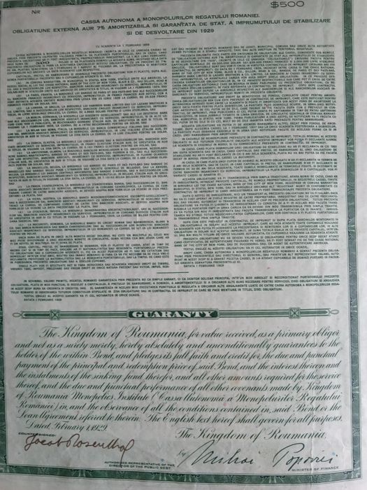 $500 Dolar Aur 1929 Romania Titlu de Stat Obligatiune neincasata la purtator cu cupoane dobanda