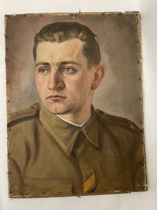 Tablou vechi, romanesc. Portret de soldat! Pictura ulei pe panza sac