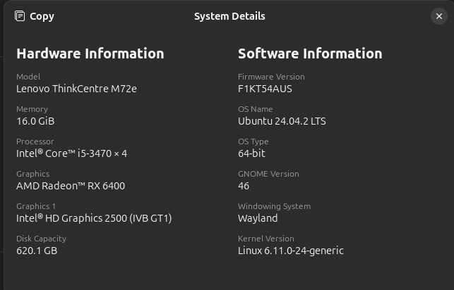 Lenovo ThinkCentre M72e – 16GB RAM, RX 6400, Ubuntu 24.04 LTS