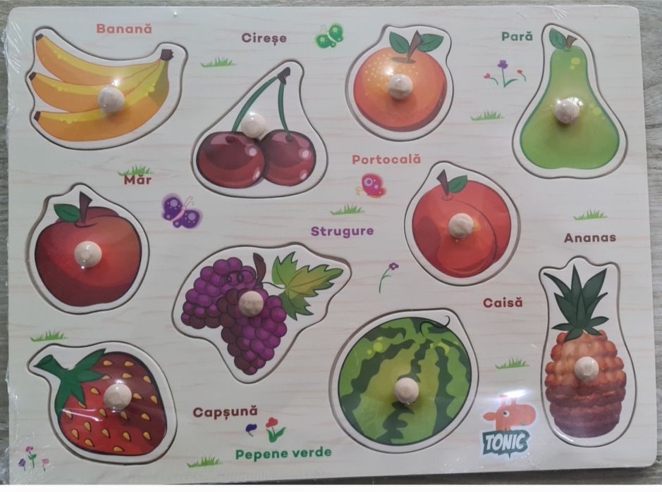 Lot de jucarii educative din lemn. Busy board, puzzle incastru, legume